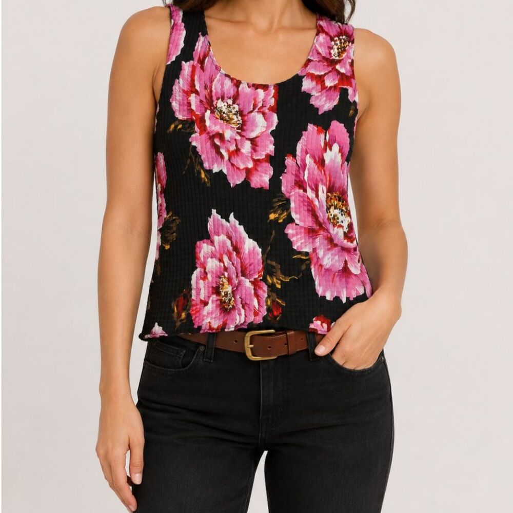 Vintage Black Floral Pleated Tank Top Size Medium